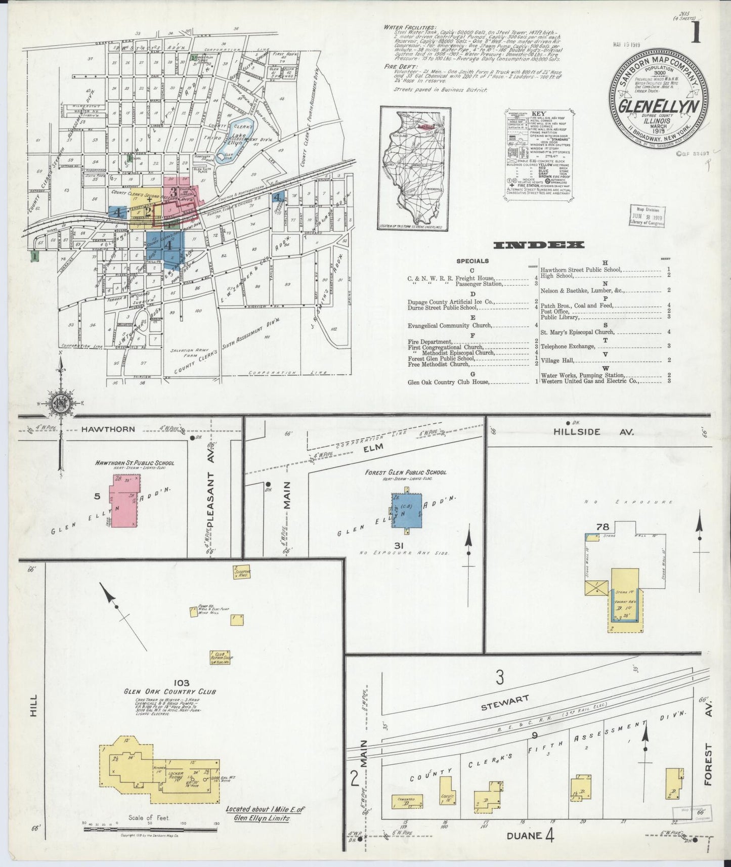 Sanborn Fire Insurance Map from Glen Ellyn, Du Page County, Illinois (1919), Sheet #0001 - Complete Map Set gallery image, historic Sanborn map, vintage wall art, Illinois Illinois