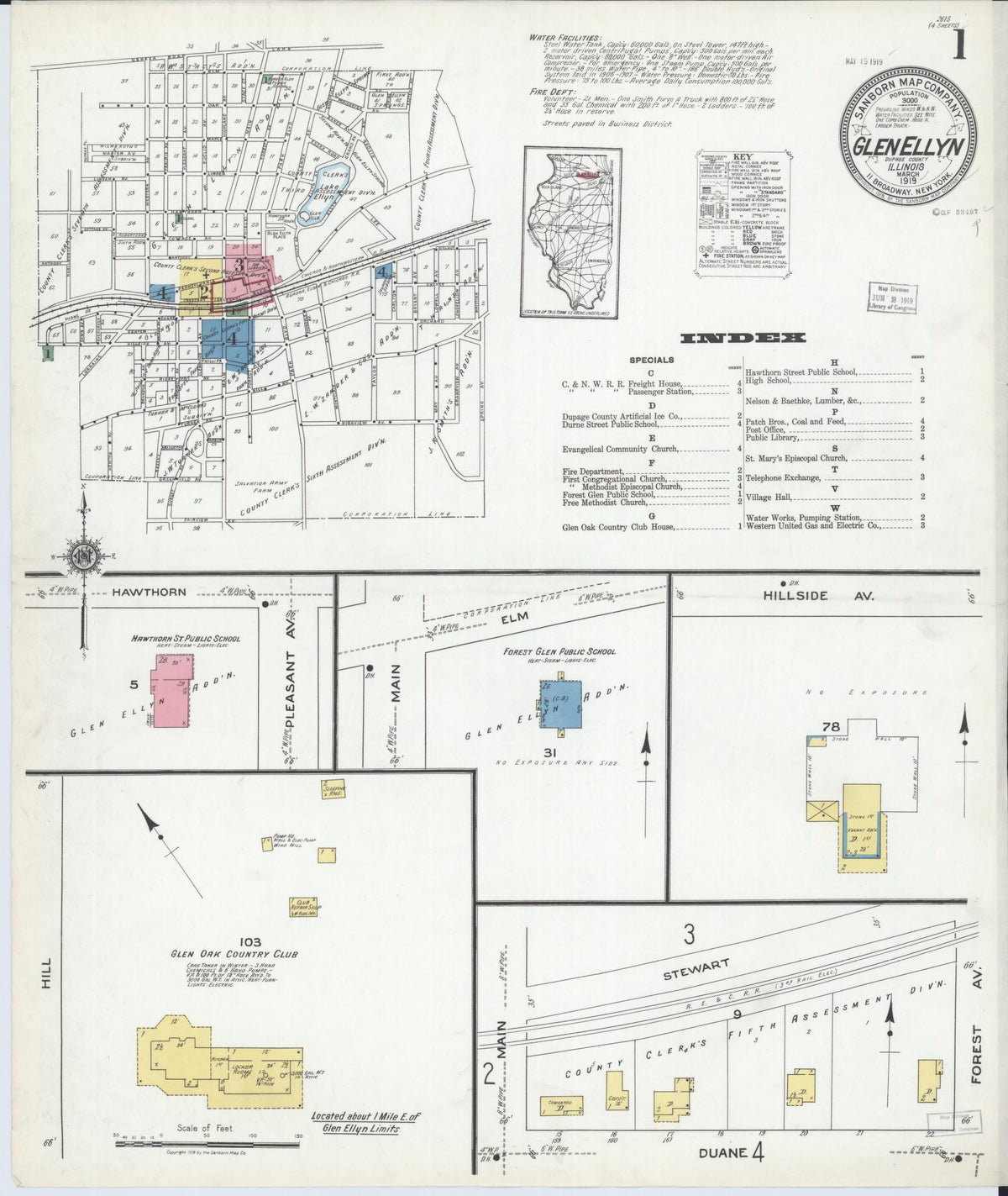Sanborn Fire Insurance Map from Glen Ellyn, Du Page County, Illinois (1919), Sheet #0001 - Complete Map Set gallery image, historic Sanborn map, vintage wall art, Illinois Illinois