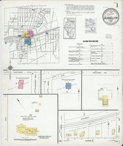 Sanborn Fire Insurance Map from Glen Ellyn, Du Page County, Illinois (1919), Sheet #0001 - Complete Map Set gallery image, historic Sanborn map, vintage wall art, Illinois Illinois