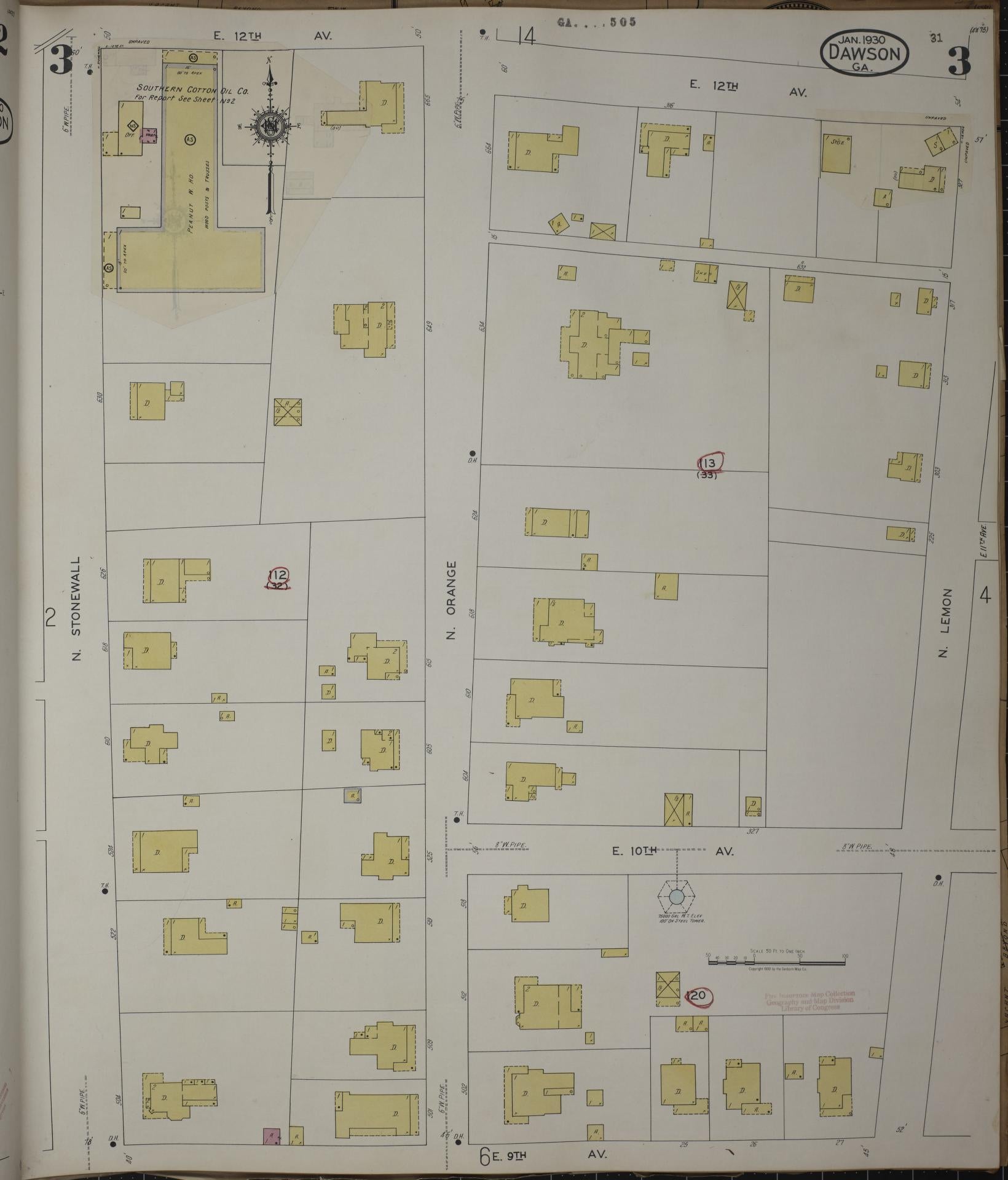 Sanborn Fire Insurance Map from Dawson, Terrell County, Georgia (1943), Sheet #0003 - Complete Map Set gallery image, historic Sanborn map, vintage wall art, Georgia Georgia