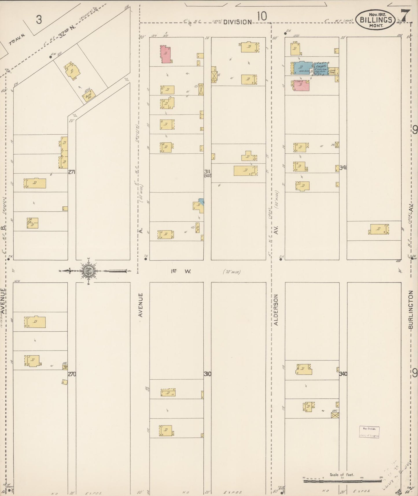 Sanborn Fire Insurance Map from Billings, Yellowstone County, Montana (1912), Sheet #0007 - Complete Map Set gallery image, historic Sanborn map, vintage wall art, Montana Montana