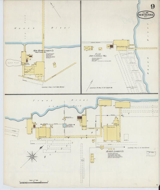 Sanborn Fire Insurance Map from New Bern, Craven County, North Carolina (1893), Sheet #0009 - Historic Sanborn Fire Insurance Map Print, vintage old map wall art, antique decor, genealogy gift, North Carolina North Carolina map