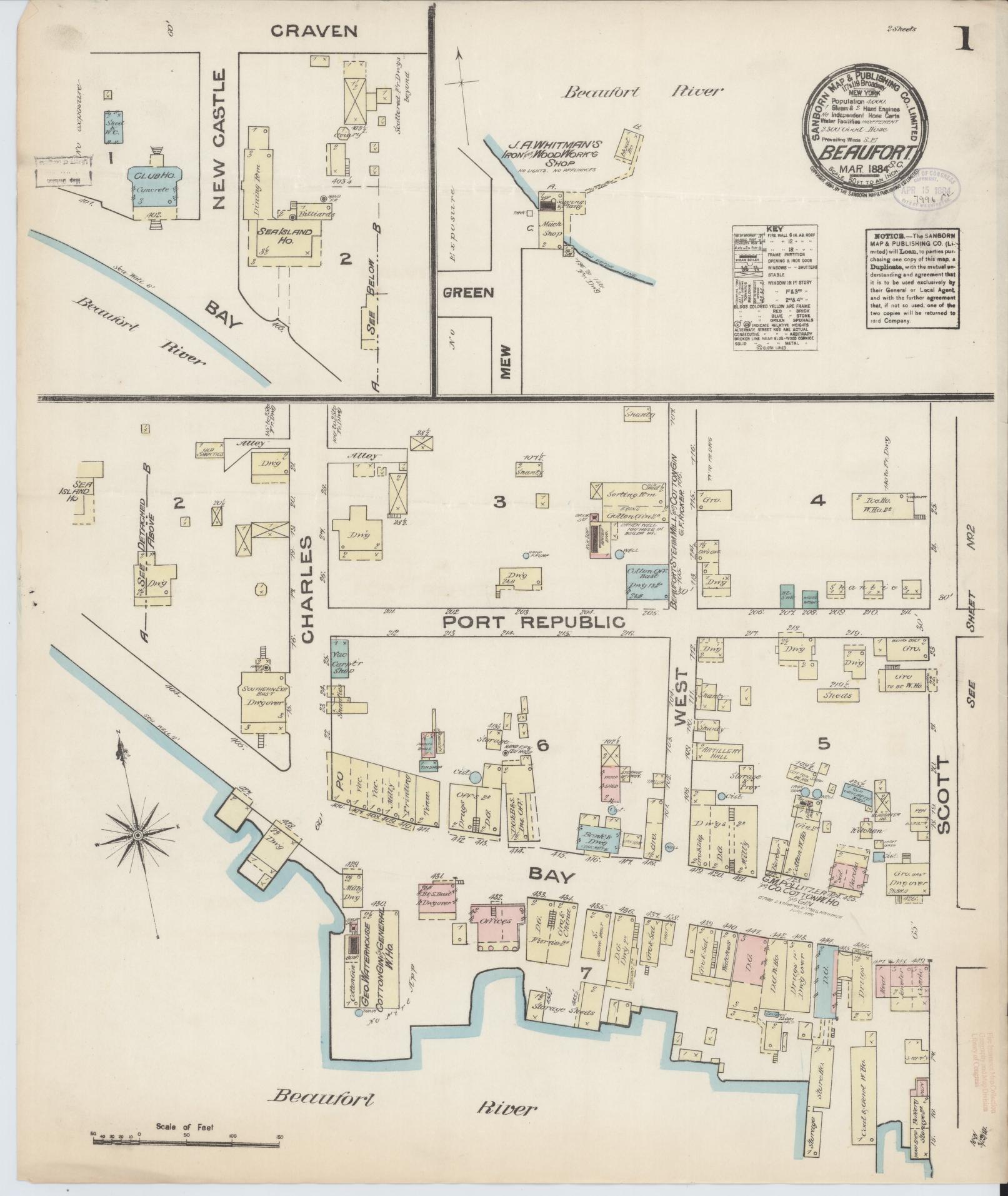 Sanborn Fire Insurance Map from Beaufort, Beaufort County, South Carolina (1884), Sheet #0001 - Complete Map Set gallery image, historic Sanborn map, vintage wall art, South Carolina South Carolina