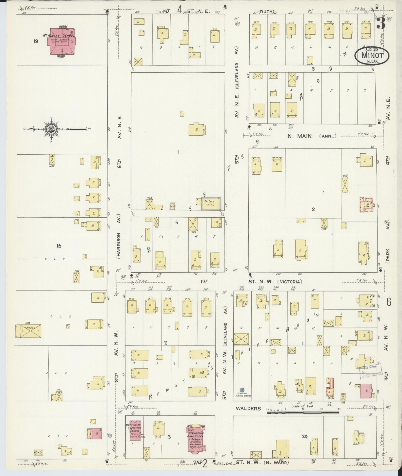 Sanborn Fire Insurance Map from Minot, Ward County, North Dakota (1913), Sheet #0003 - Complete Map Set gallery image, historic Sanborn map, vintage wall art, North Dakota North Dakota
