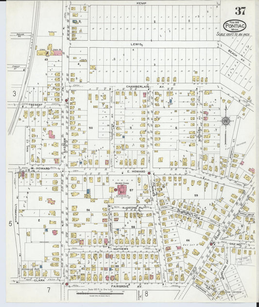 Sanborn Fire Insurance Map from Pontiac, Oakland County, Michigan (1919), Sheet #0037 - Historic Sanborn Fire Insurance Map Print, vintage old map wall art, antique decor, genealogy gift, Michigan Michigan map
