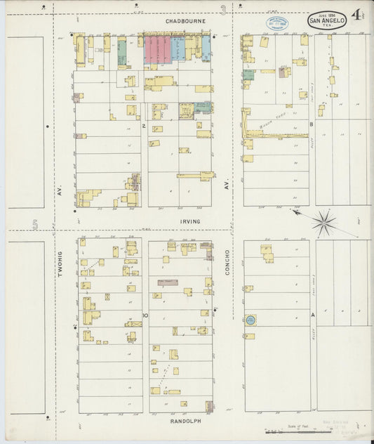 Sanborn Fire Insurance Map from San Angelo, Tom Green County, Texas (1894), Sheet #0004 - Historic Sanborn Fire Insurance Map Print, vintage old map wall art, antique decor, genealogy gift, Texas Texas map