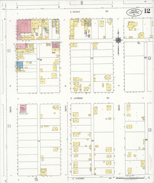 Sanborn Fire Insurance Map from Lompoc, Santa Barbara County, California (1921), Sheet #0012 - Historic Sanborn Fire Insurance Map Print, vintage old map wall art, antique decor, genealogy gift, California California map