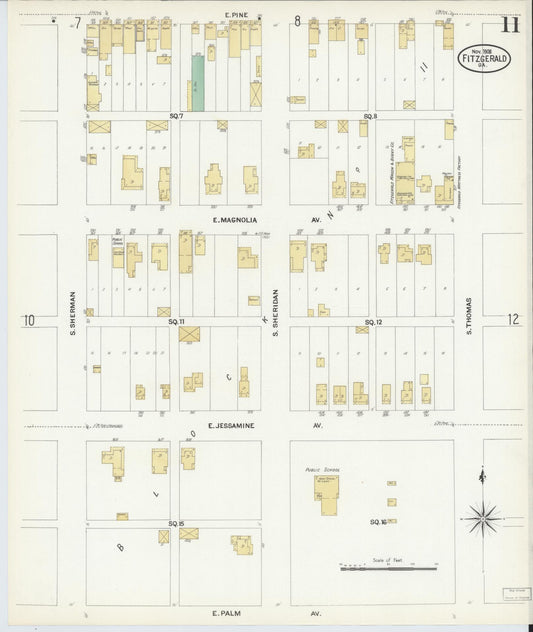 Sanborn Fire Insurance Map from Fitzgerald, Ben Hill County, Georgia (1908), Sheet #0011 - Historic Sanborn Fire Insurance Map Print, vintage old map wall art, antique decor, genealogy gift, Georgia Georgia map