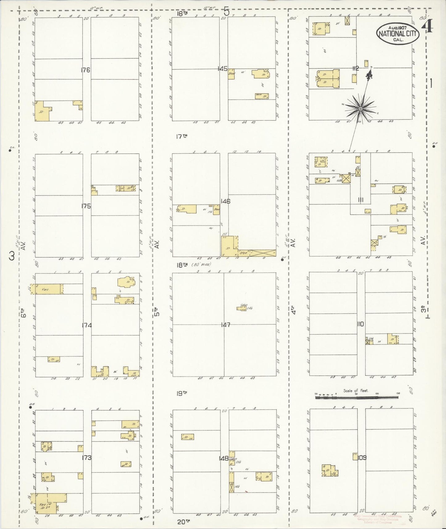 Sanborn Fire Insurance Map from National City, San Diego County, California (1907), Sheet #0004 - Historic Sanborn Fire Insurance Map Print, vintage old map wall art, antique decor, genealogy gift, California California map