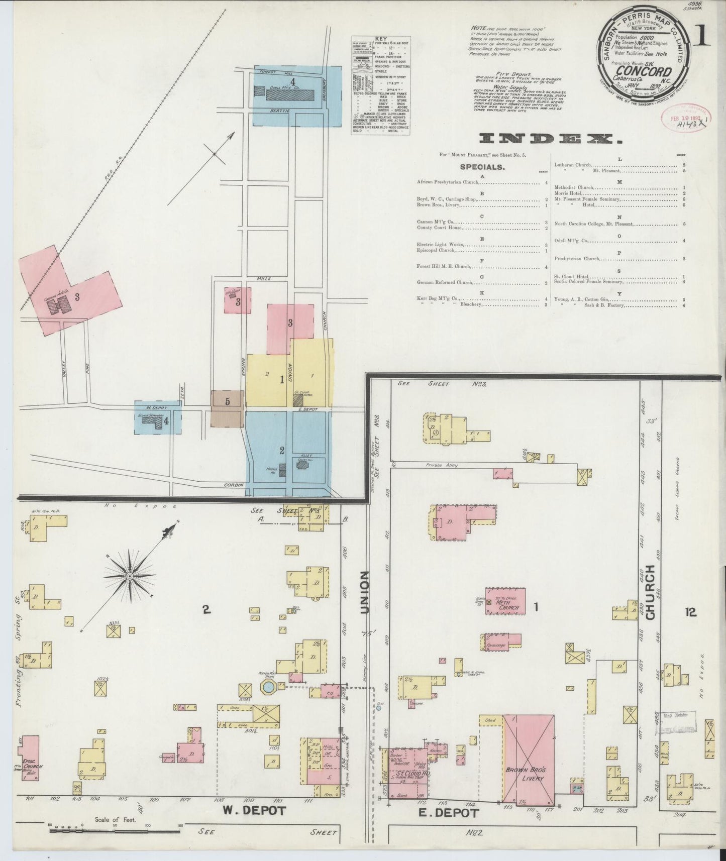 Sanborn Fire Insurance Map from Concord, Cabarrus County, North Carolina (1892), Sheet #0001 - Complete Map Set gallery image, historic Sanborn map, vintage wall art, North Carolina North Carolina
