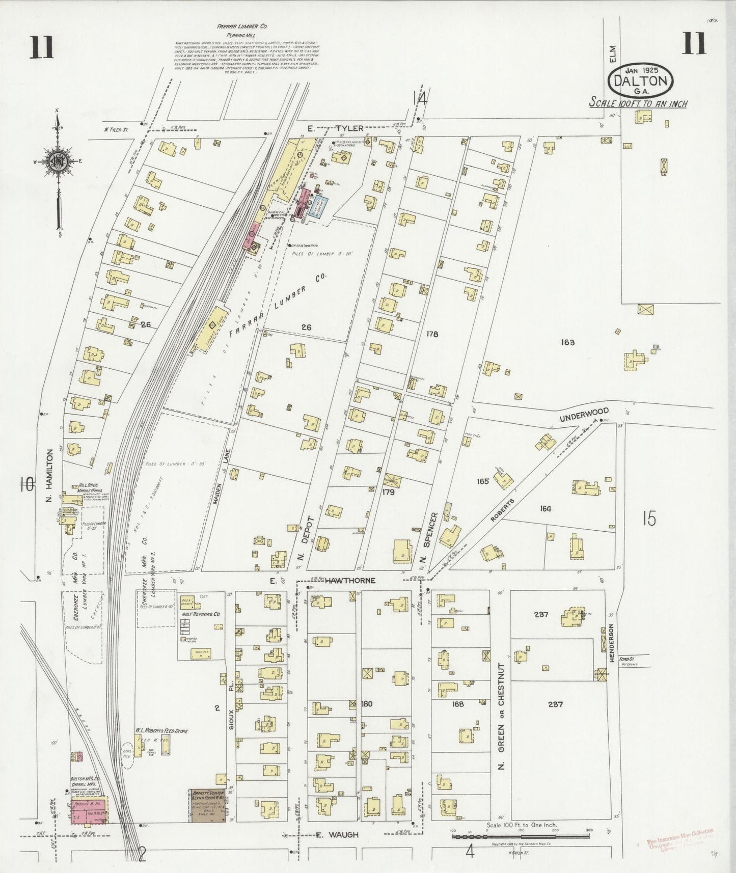 Sanborn Fire Insurance Map from Dalton, Whitfield County, Georgia (1925), Sheet #0011 - Historic Sanborn Fire Insurance Map Print, vintage old map wall art, antique decor, genealogy gift, Georgia Georgia map