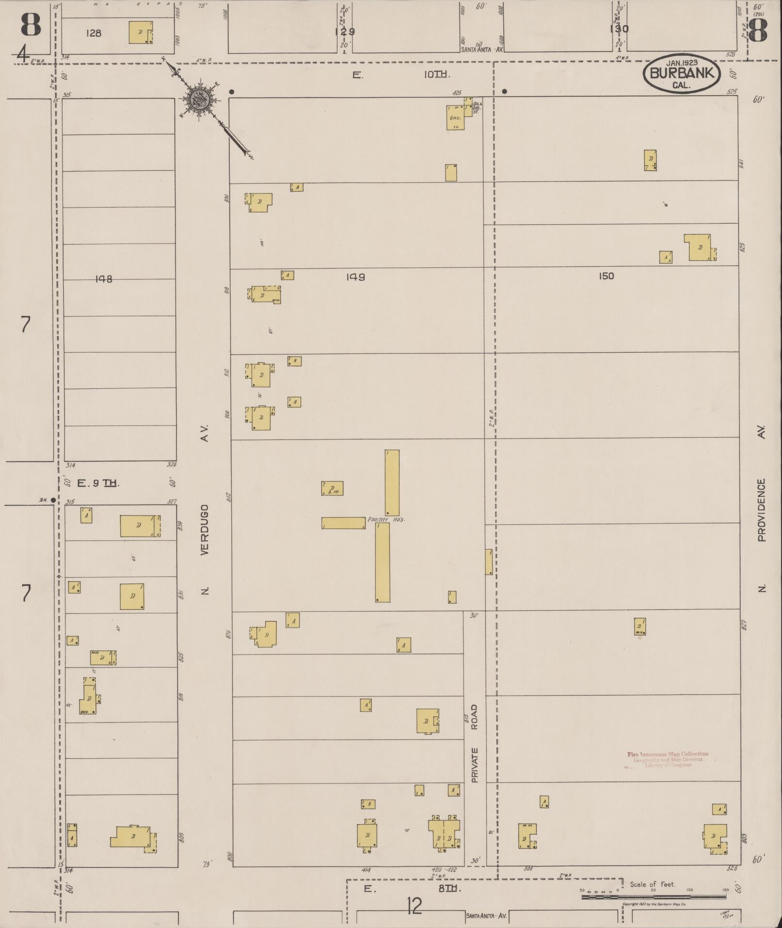 Sanborn Fire Insurance Map from Burbank, Los Angeles County, California (1923), Sheet #0008 - Historic Sanborn Fire Insurance Map Print, vintage old map wall art, antique decor, genealogy gift, California California map