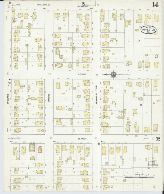 Sanborn Fire Insurance Map from Appleton, Outagamie County, Wisconsin (1911), Sheet #0014 - Historic Sanborn Fire Insurance Map Print, vintage old map wall art, antique decor, genealogy gift, Wisconsin Wisconsin map