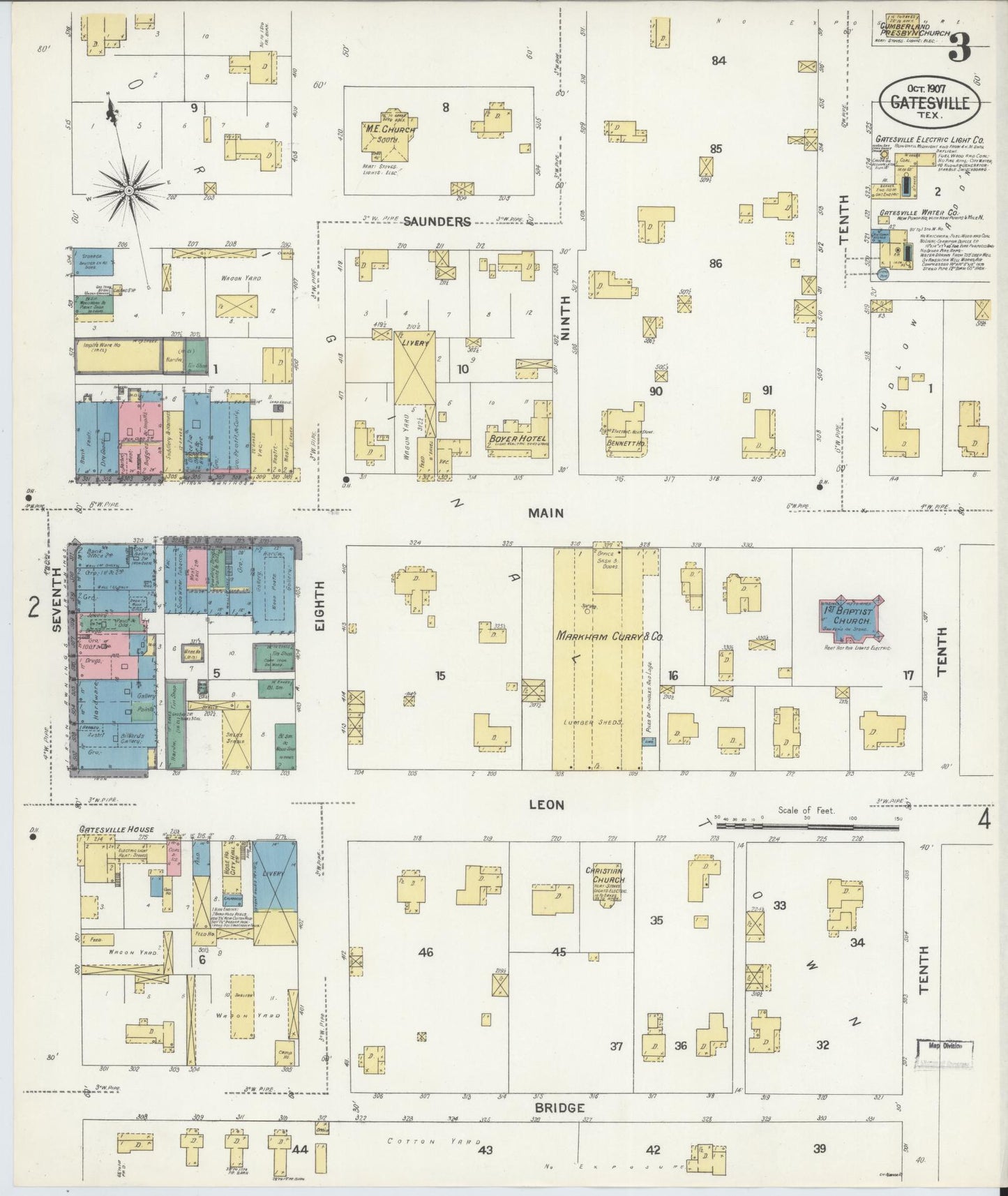 Sanborn Fire Insurance Map from Gatesville, Coryell County, Texas (1907), Sheet #0003 - Complete Map Set gallery image, historic Sanborn map, vintage wall art, Texas Texas