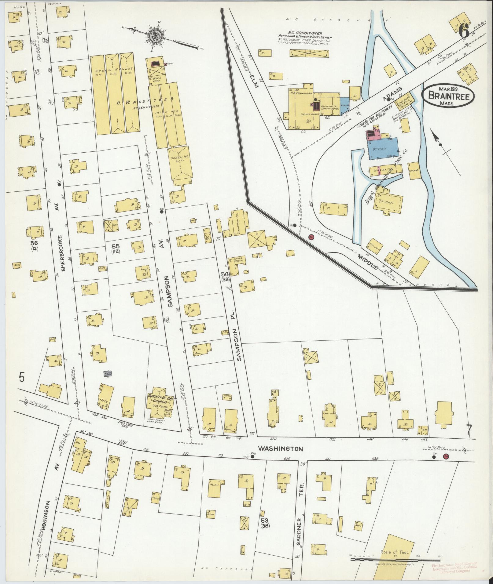 Sanborn Fire Insurance Map from Braintree, Norfolk County, Massachusetts (1919), Sheet #0006 - Complete Map Set gallery image, historic Sanborn map, vintage wall art, Massachusetts Massachusetts
