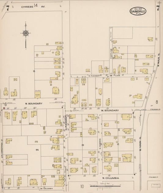 Sanborn Fire Insurance Map from Gainesville, Alachua County, Florida (1922), Sheet #0007 - Historic Sanborn Fire Insurance Map Print, vintage old map wall art, antique decor, genealogy gift, Florida Florida map