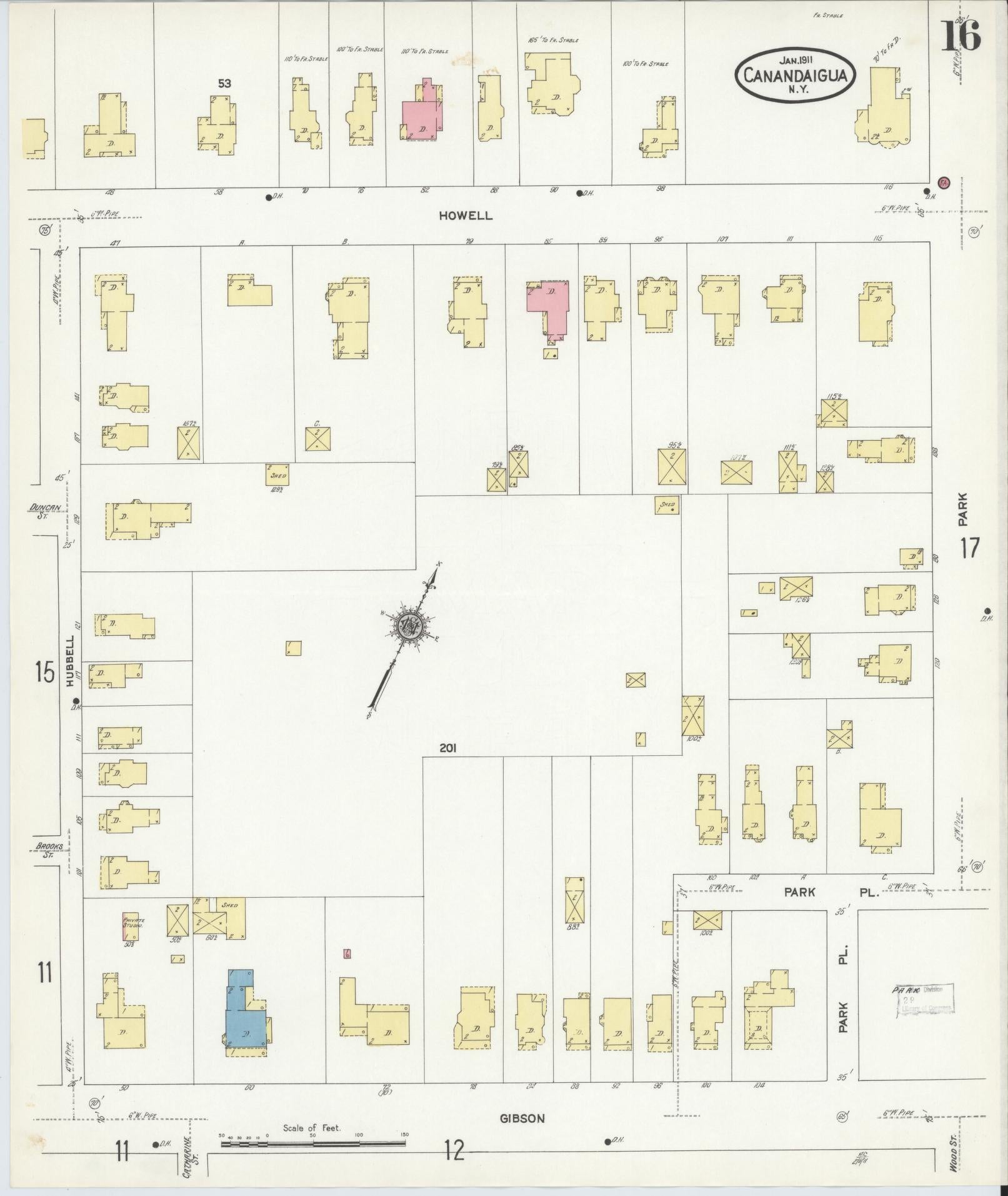 Sanborn Fire Insurance Map from Canandaigua, Ontario County, New York (1911), Sheet #0016 - Historic Sanborn Fire Insurance Map Print, vintage old map wall art, antique decor, genealogy gift, New York New York map