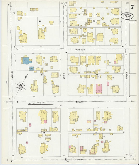 Sanborn Fire Insurance Map from Selma, Dallas County, Alabama (1907), Sheet #0007 - Historic Sanborn Fire Insurance Map Print, vintage old map wall art, antique decor, genealogy gift, Alabama Alabama map
