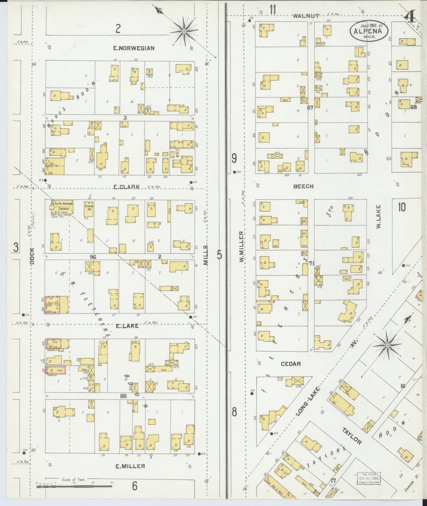 Sanborn Fire Insurance Map from Alpena, Alpena County, Michigan (1901), Sheet #0004 - Historic Sanborn Fire Insurance Map Print, vintage old map wall art, antique decor, genealogy gift, Michigan Michigan map