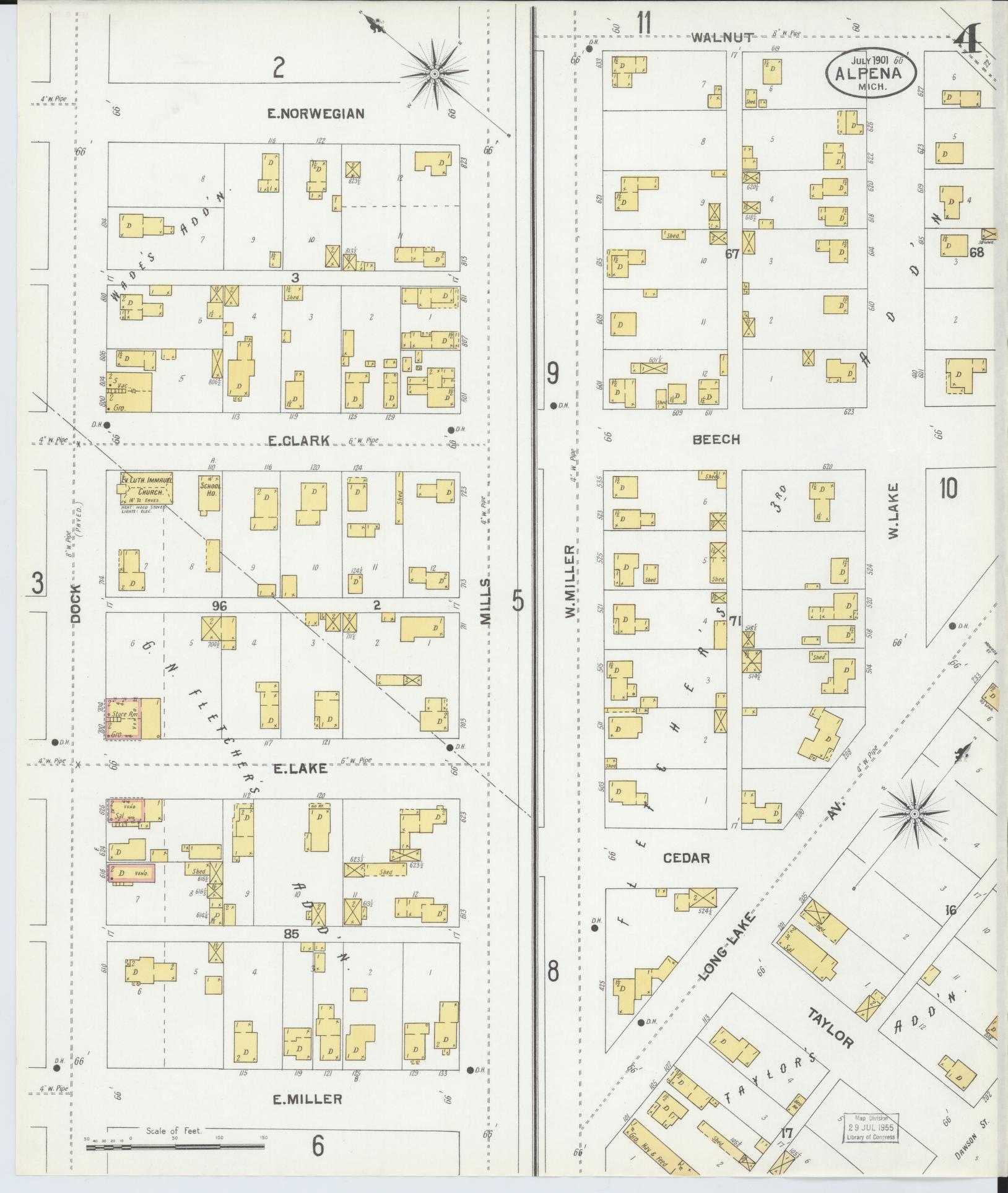 Sanborn Fire Insurance Map from Alpena, Alpena County, Michigan (1901), Sheet #0004 - Historic Sanborn Fire Insurance Map Print, vintage old map wall art, antique decor, genealogy gift, Michigan Michigan map