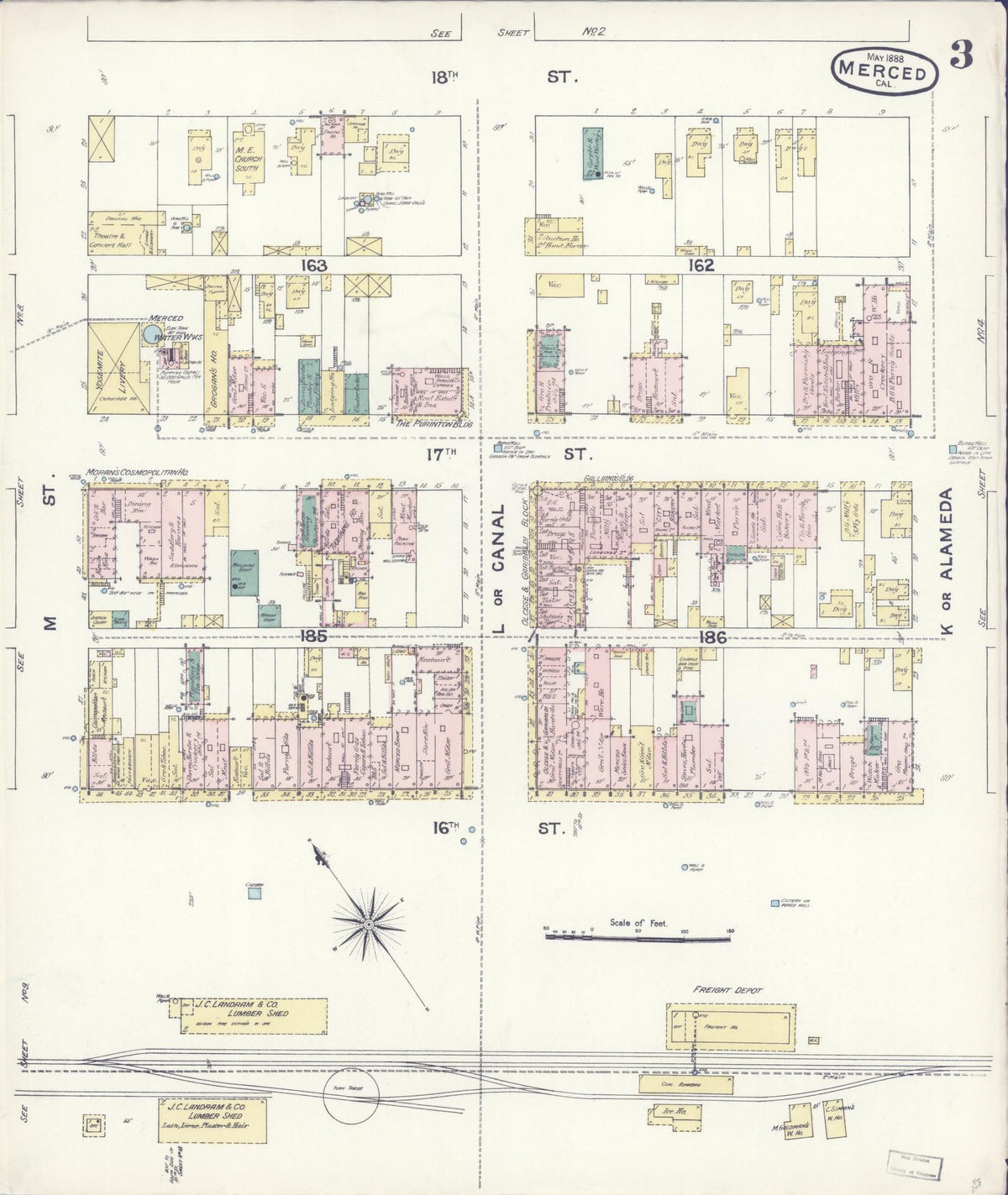Sanborn Fire Insurance Map from Merced, Merced County, California (1888), Sheet #0003 - Complete Map Set gallery image, historic Sanborn map, vintage wall art, California California