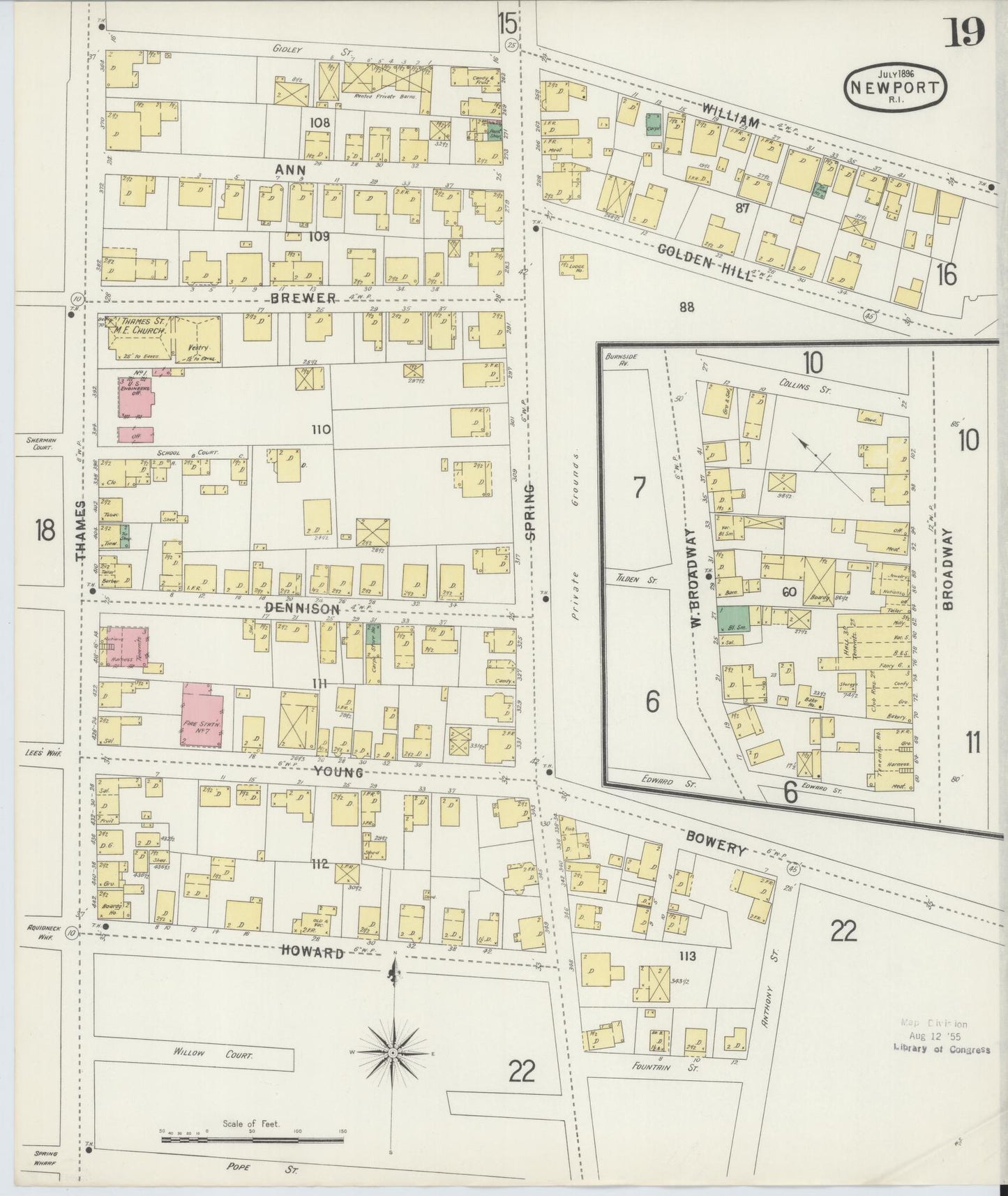Sanborn Fire Insurance Map from Newport, Newport County, Rhode Island (1896), Sheet #0019 - Historic Sanborn Fire Insurance Map Print, vintage old map wall art, antique decor, genealogy gift, Rhode Island Rhode Island map