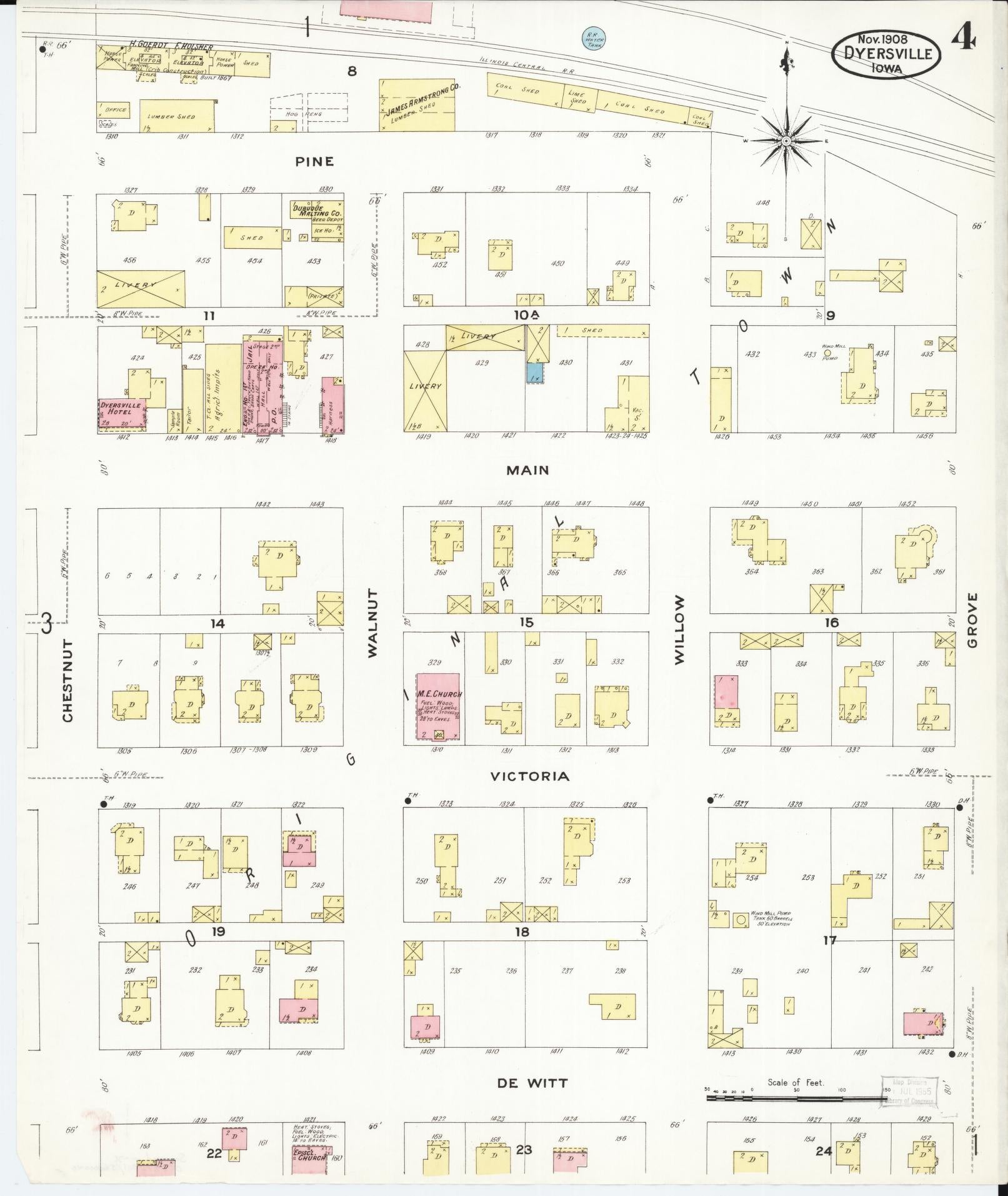 Sanborn Fire Insurance Map from Dyersville, Dubuque County, Iowa (1908), Sheet #0004 - Historic Sanborn Fire Insurance Map Print, vintage old map wall art