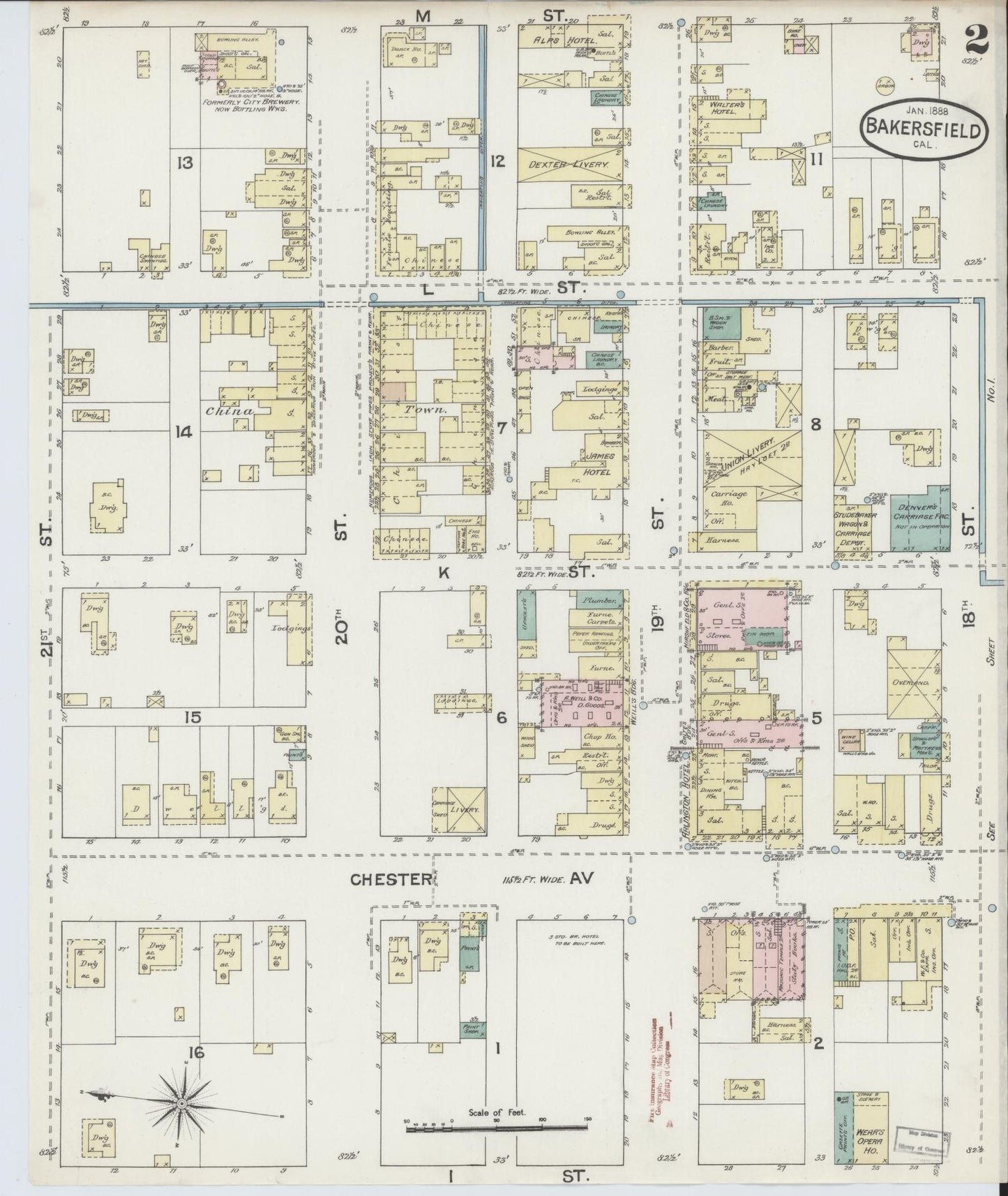 Sanborn Fire Insurance Map from Bakersfield, Kern County, California (1888), Sheet #0002 - Historic Sanborn Fire Insurance Map Print, vintage old map wall art, antique decor, genealogy gift, California California map