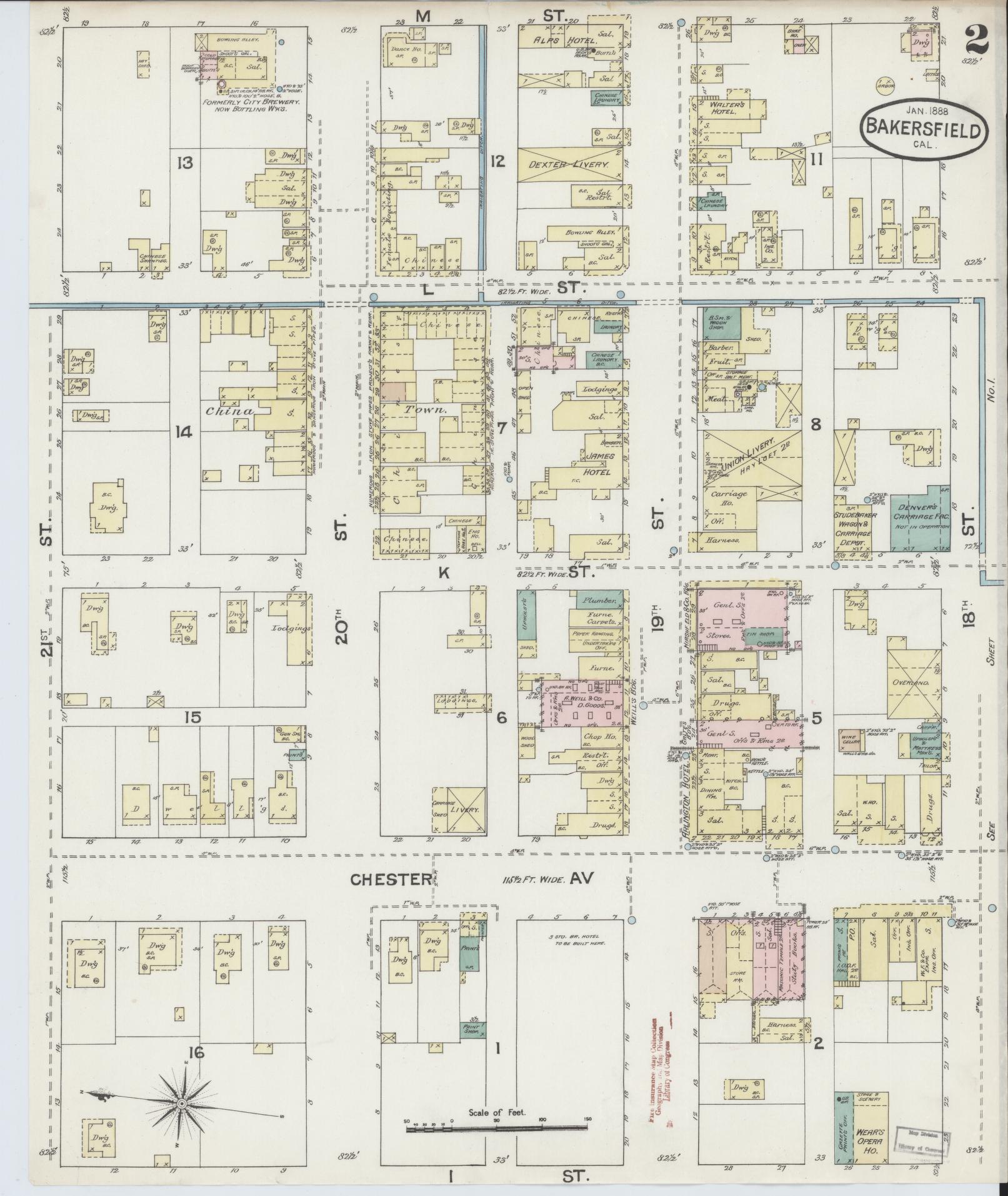 Sanborn Fire Insurance Map from Bakersfield, Kern County, California (1888), Sheet #0002 - Historic Sanborn Fire Insurance Map Print, vintage old map wall art, antique decor, genealogy gift, California California map