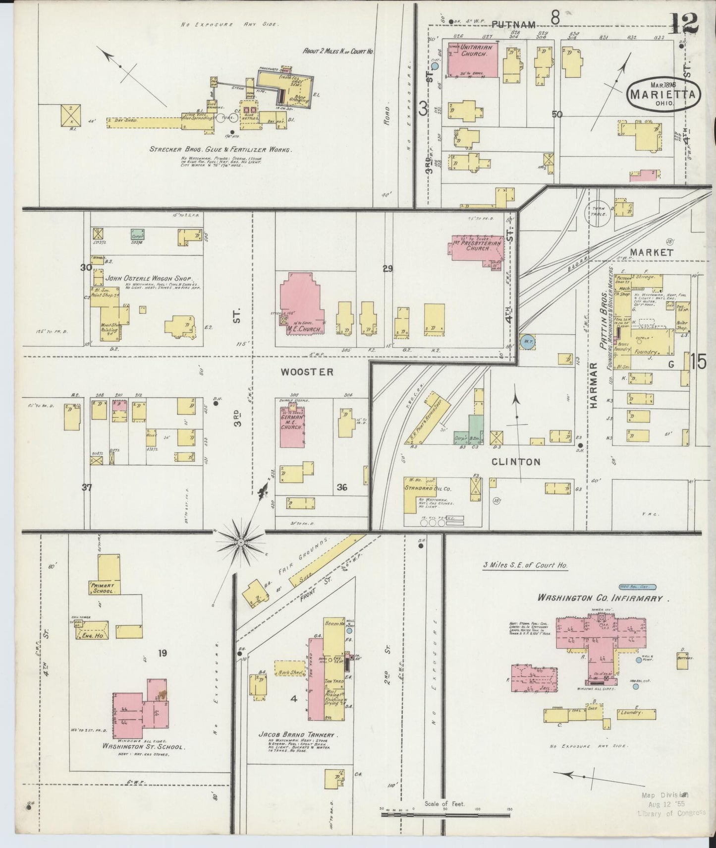 Sanborn Fire Insurance Map from Marietta, Washington County, Ohio (1896), Sheet #0012 - Historic Sanborn Fire Insurance Map Print, vintage old map wall art, antique decor, genealogy gift, Ohio Ohio map