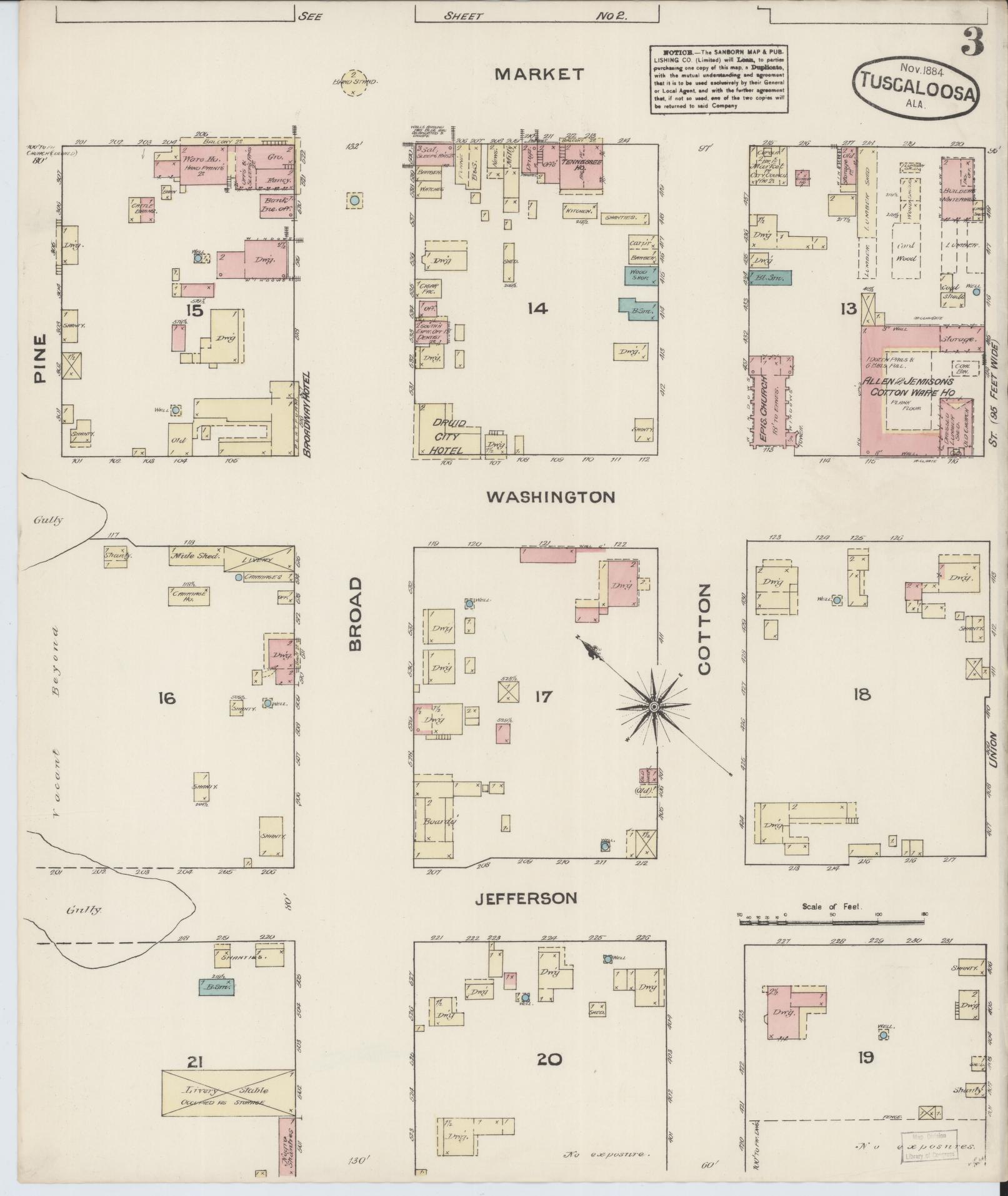 Sanborn Fire Insurance Map from Tuscaloosa, Tuscaloosa County, Alabama (1884), Sheet #0003 - Historic Sanborn Fire Insurance Map Print, vintage old map wall art, antique decor, genealogy gift, Alabama Alabama map