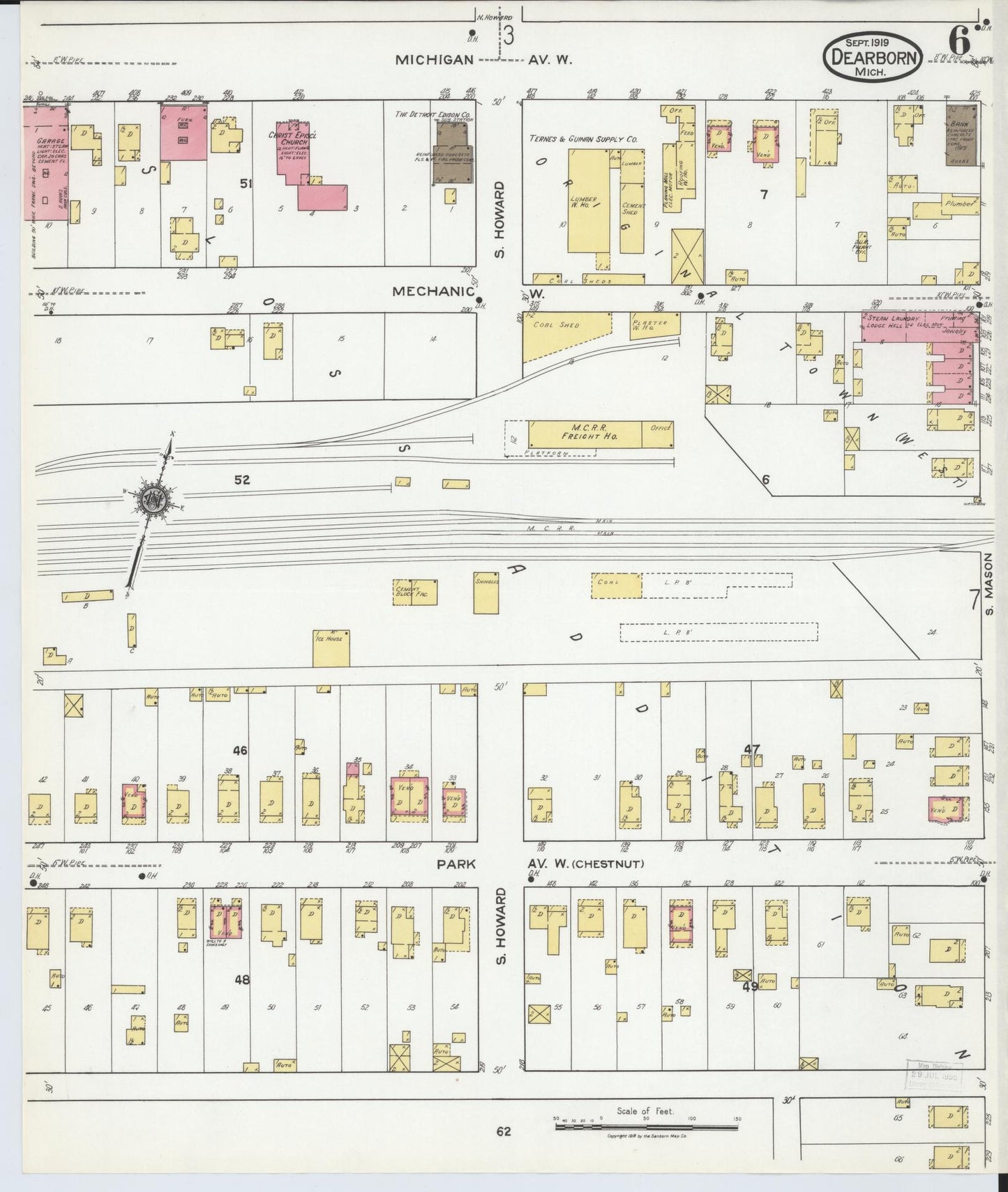 Sanborn Fire Insurance Map from Dearborn, Wayne County, Michigan (1919), Sheet #0006 - Historic Sanborn Fire Insurance Map Print, vintage old map wall art, antique decor, genealogy gift, Michigan Michigan map