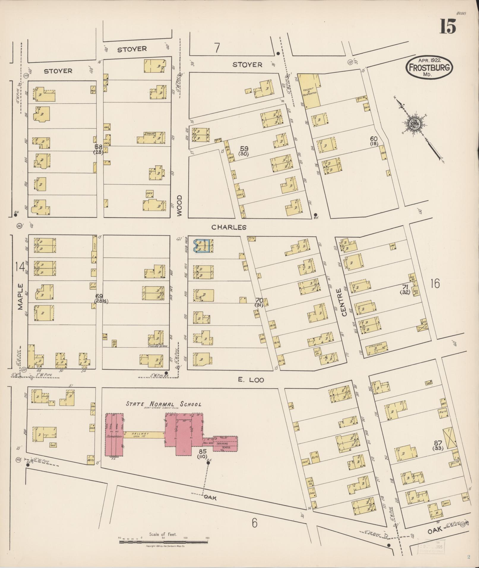 Sanborn Fire Insurance Map from Frostburg, Allegany County, Maryland (1922), Sheet #0015 - Historic Sanborn Fire Insurance Map Print, vintage old map wall art