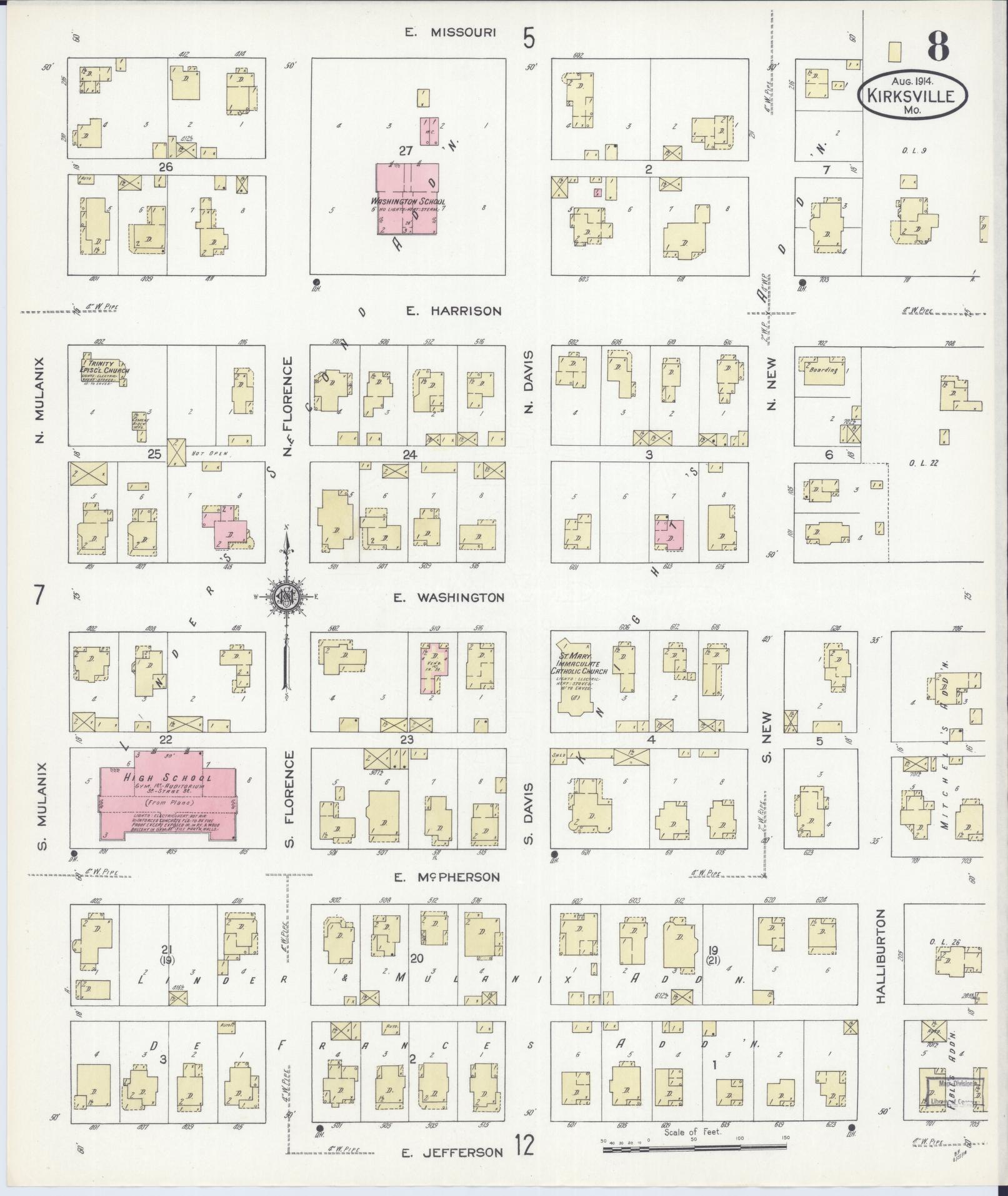 Sanborn Fire Insurance Map from Kirksville, Adair County, Missouri (1914), Sheet #0008 - Historic Sanborn Fire Insurance Map Print, vintage old map wall art, antique decor, genealogy gift, Missouri Missouri map