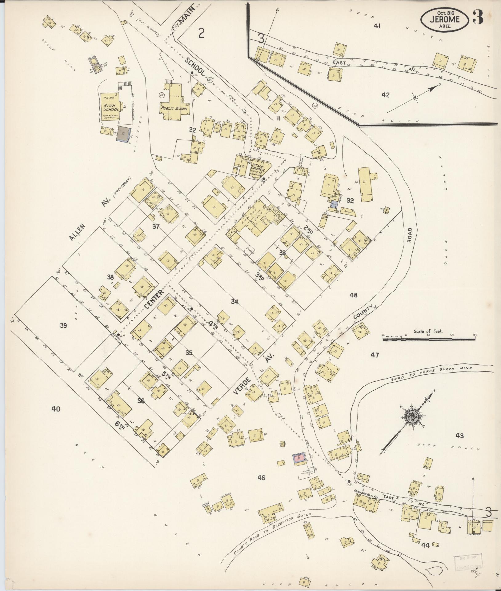 Sanborn Fire Insurance Map from Jerome, Yavapai County, Arizona (1910), Sheet #0003 - Complete Map Set gallery image, historic Sanborn map, vintage wall art, Arizona Arizona