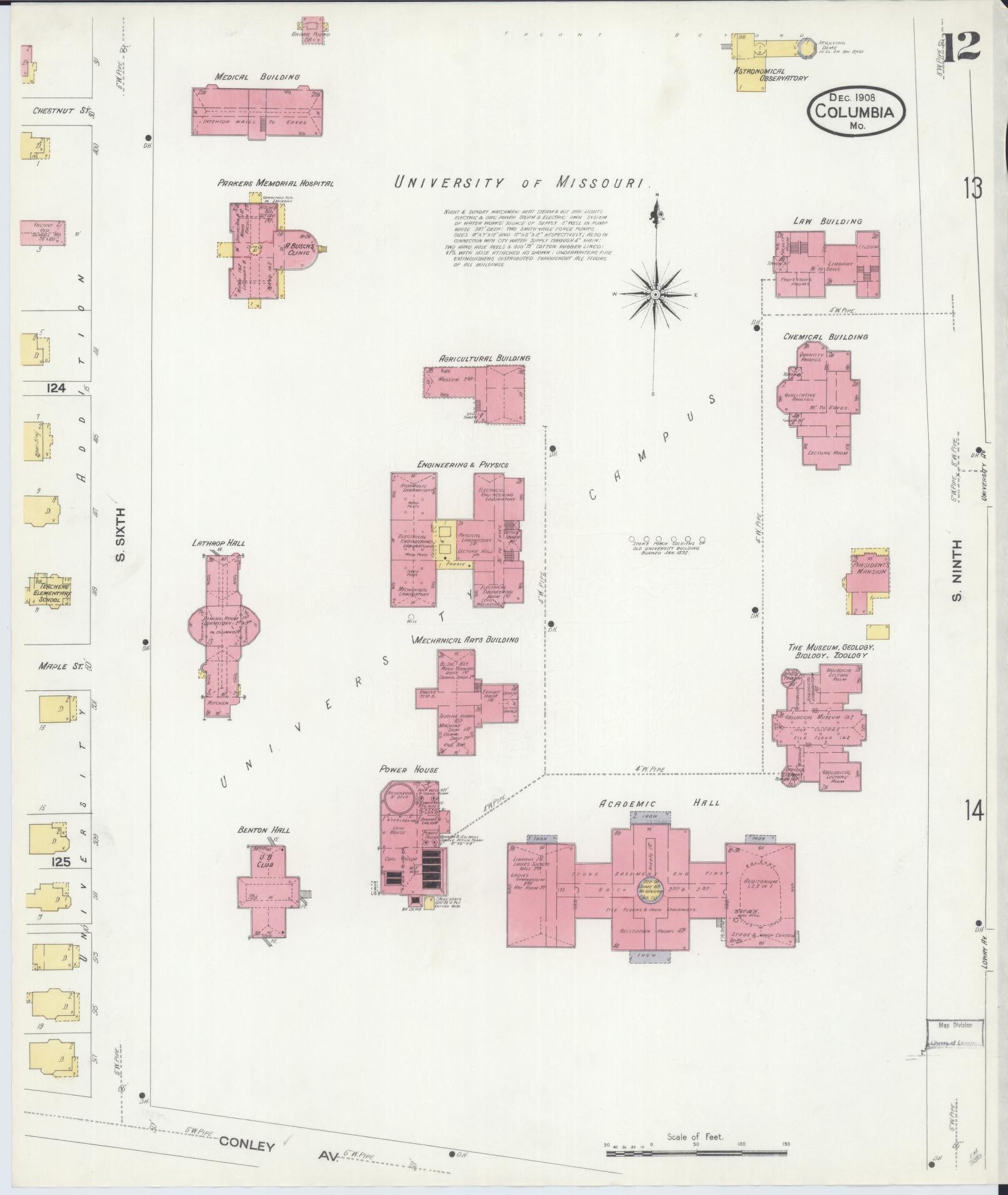 Sanborn Fire Insurance Map from Columbia, Boone County, Missouri (1908), Sheet #0012 - Complete Map Set gallery image, historic Sanborn map, vintage wall art, Missouri Missouri