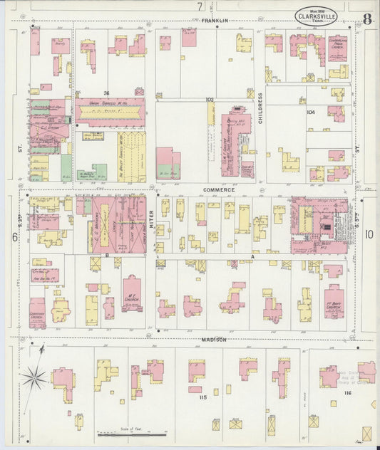 Sanborn Fire Insurance Map from Clarksville, Montgomery County, Tennessee (1898), Sheet #0008 - Historic Sanborn Fire Insurance Map Print, vintage old map wall art, antique decor, genealogy gift, Tennessee Tennessee map