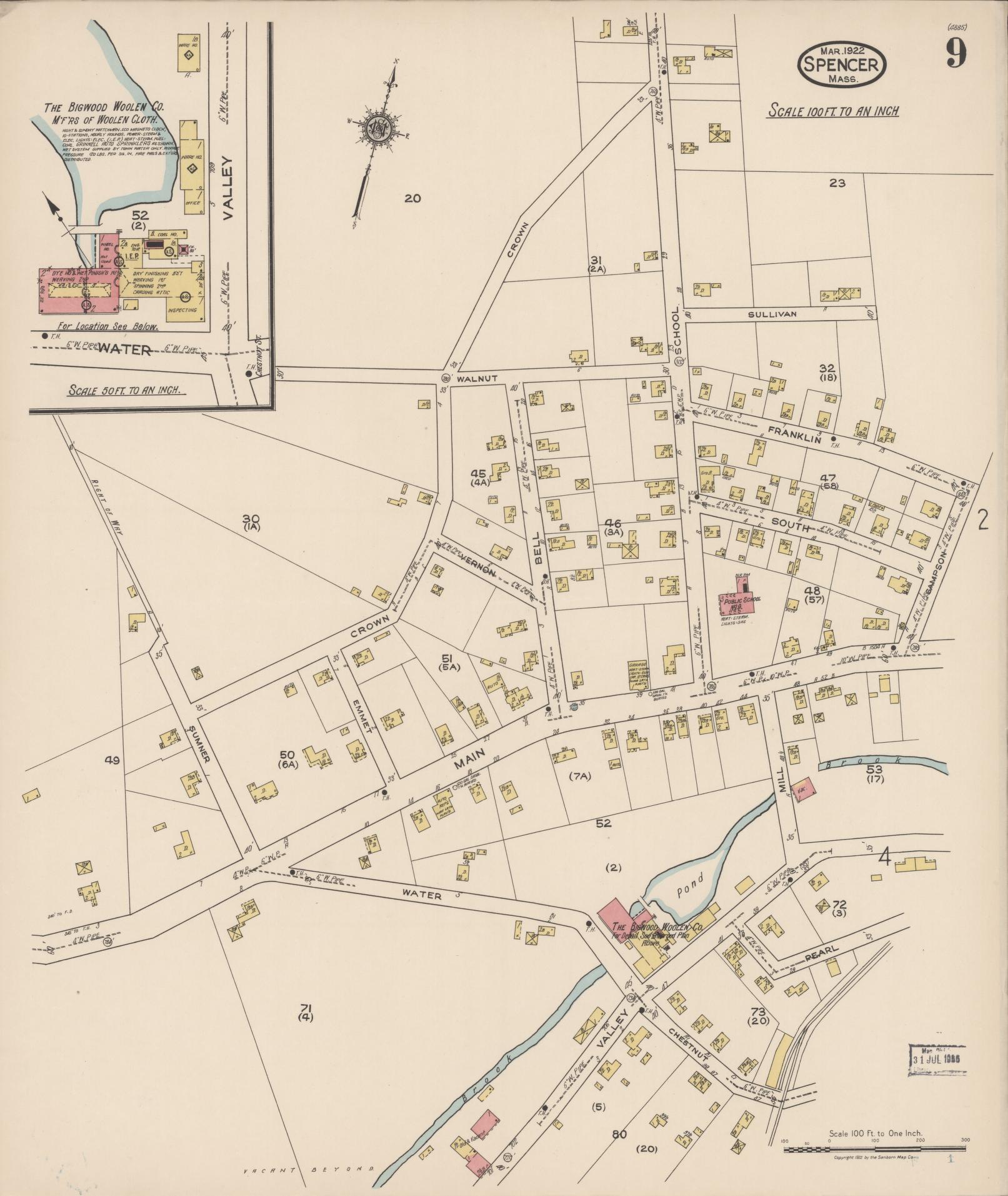 Sanborn Fire Insurance Map from Spencer, Worcester County, Massachusetts (1922), Sheet #0009 - Historic Sanborn Fire Insurance Map Print, vintage old map wall art, antique decor, genealogy gift, Massachusetts Massachusetts map