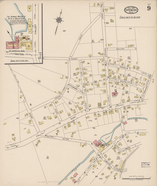 Sanborn Fire Insurance Map from Spencer, Worcester County, Massachusetts (1922), Sheet #0009 - Historic Sanborn Fire Insurance Map Print, vintage old map wall art, antique decor, genealogy gift, Massachusetts Massachusetts map