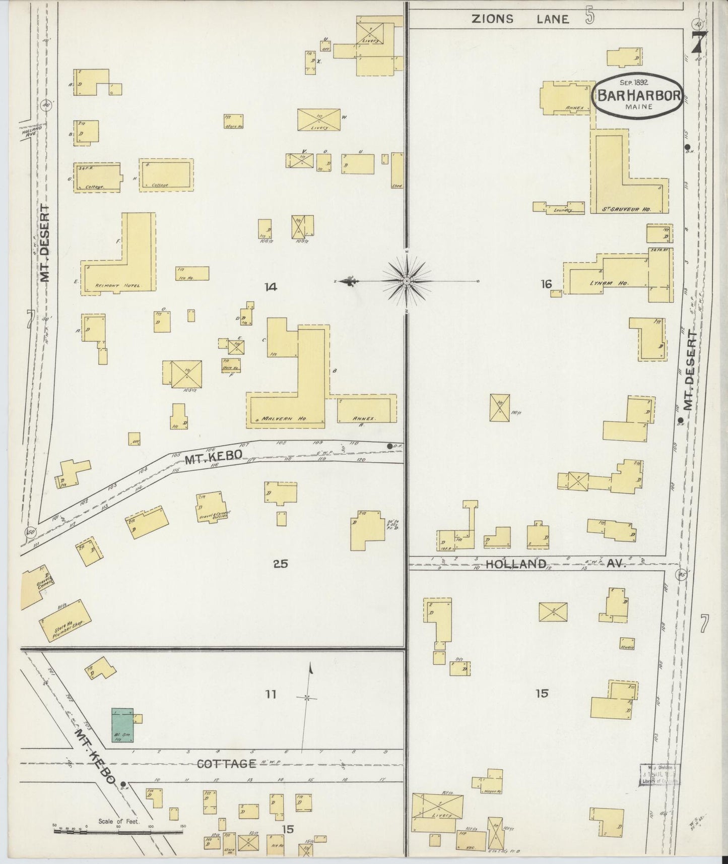 Sanborn Fire Insurance Map from Bar Harbor, Hancock County, Maine (1892), Sheet #0007 - Historic Sanborn Fire Insurance Map Print, vintage old map wall art, antique decor, genealogy gift, Maine Maine map