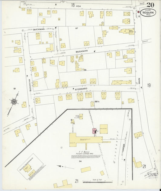 Sanborn Fire Insurance Map from Woburn, Middlesex County, Massachusetts (1910), Sheet #0020 - Historic Sanborn Fire Insurance Map Print, vintage old map wall art, antique decor, genealogy gift, Massachusetts Massachusetts map