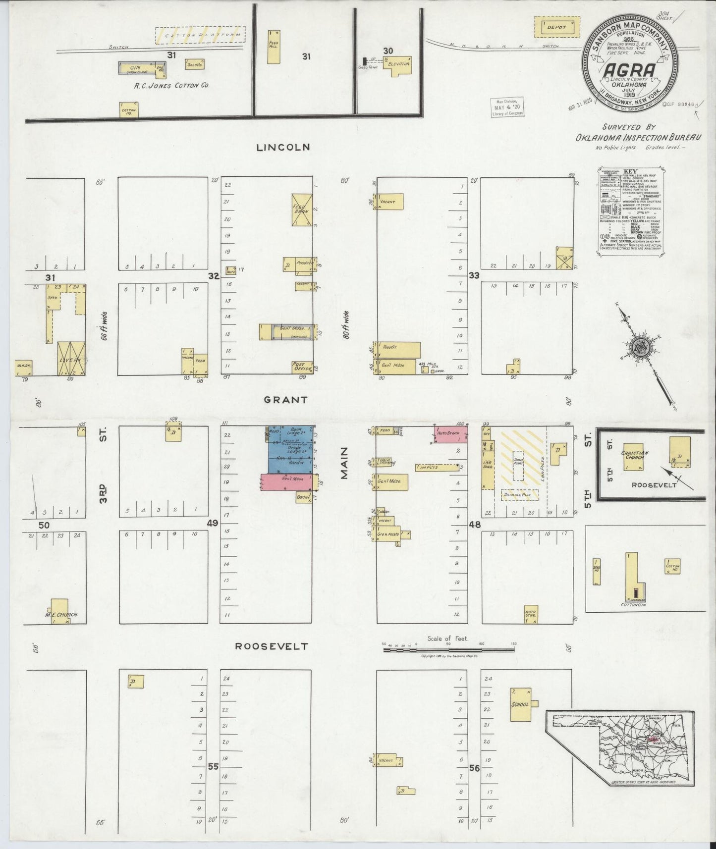 Sanborn Fire Insurance Map from Agra, Lincoln County, Oklahoma (1919), Sheet #0001 - Historic Sanborn Fire Insurance Map Print, vintage old map wall art, antique decor, genealogy gift, Oklahoma Oklahoma map