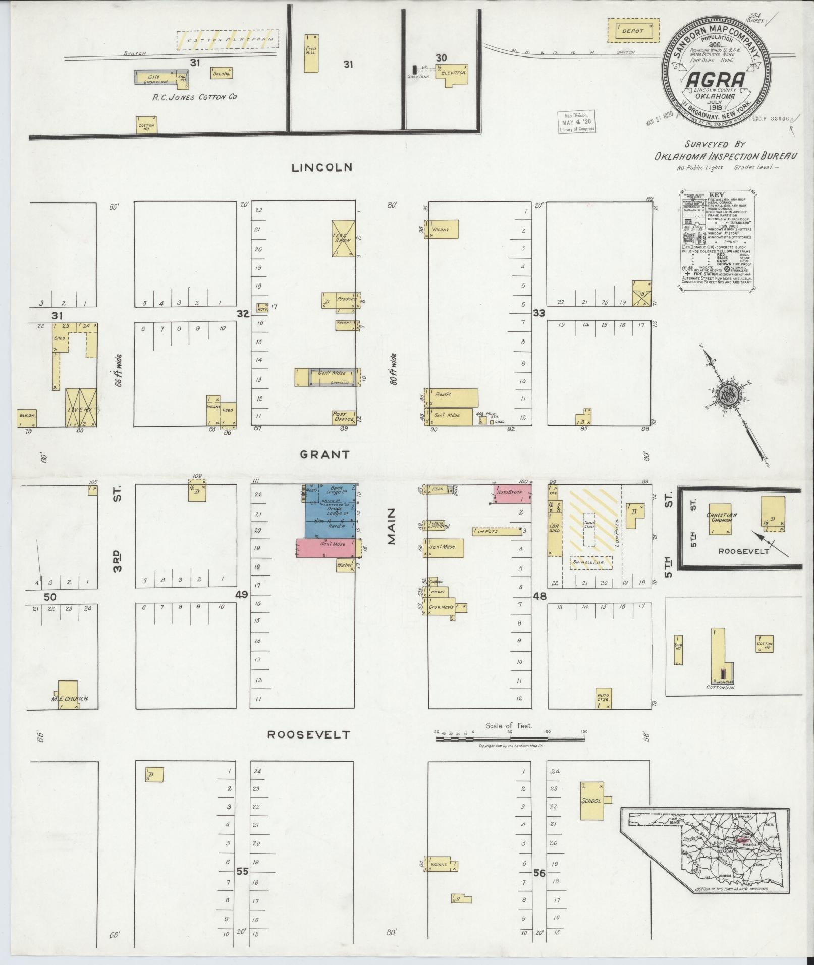 Sanborn Fire Insurance Map from Agra, Lincoln County, Oklahoma (1919), Sheet #0001 - Historic Sanborn Fire Insurance Map Print, vintage old map wall art, antique decor, genealogy gift, Oklahoma Oklahoma map