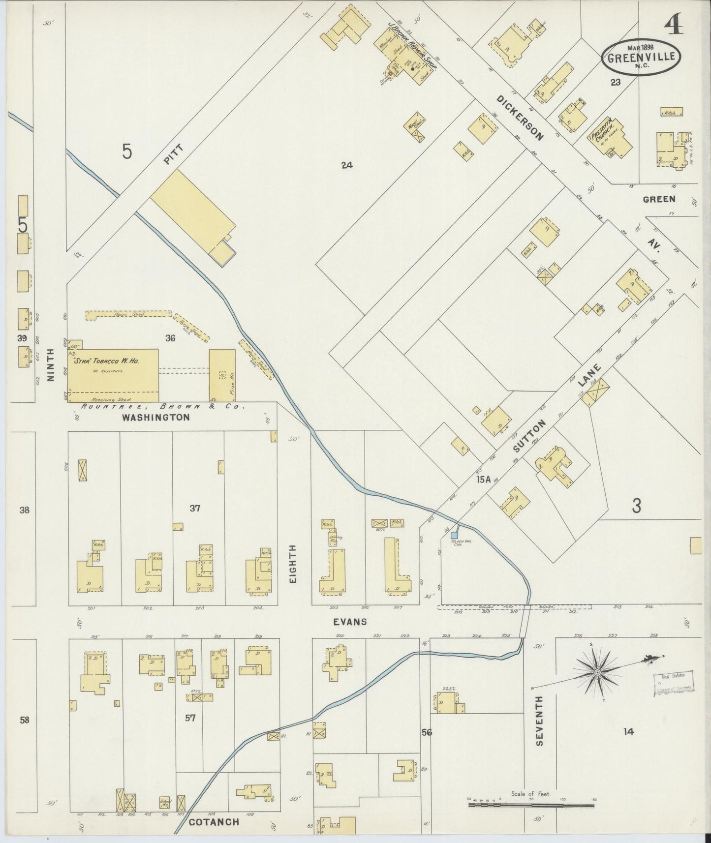 Sanborn Fire Insurance Map from Greenville, Pitt County, North Carolina (1898), Sheet #0004 - Historic Sanborn Fire Insurance Map Print, vintage old map wall art, antique decor, genealogy gift, North Carolina North Carolina map