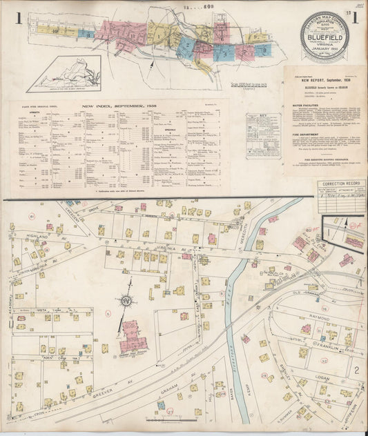 Sanborn Fire Insurance Map from Bluefield, Tazewell County, Virginia (1930), Sheet #0001 - Complete Map Set gallery image, historic Sanborn map, vintage wall art, Virginia Virginia