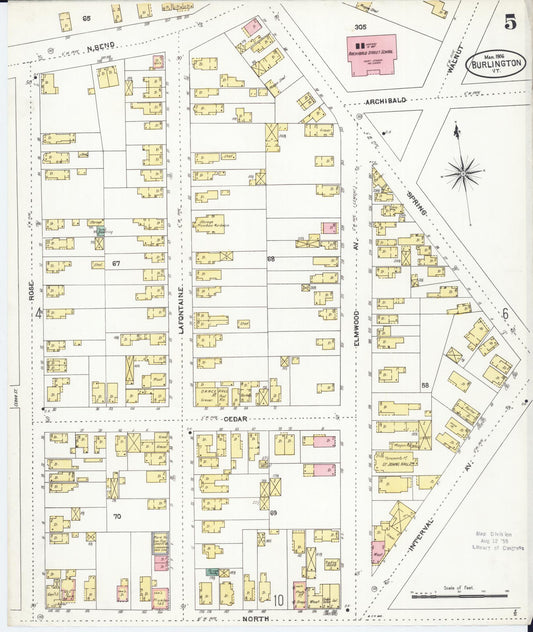 Sanborn Fire Insurance Map from Burlington, Chittenden County, Vermont (1906), Sheet #0005 - Historic Sanborn Fire Insurance Map Print, vintage old map wall art, antique decor, genealogy gift, Vermont Vermont map