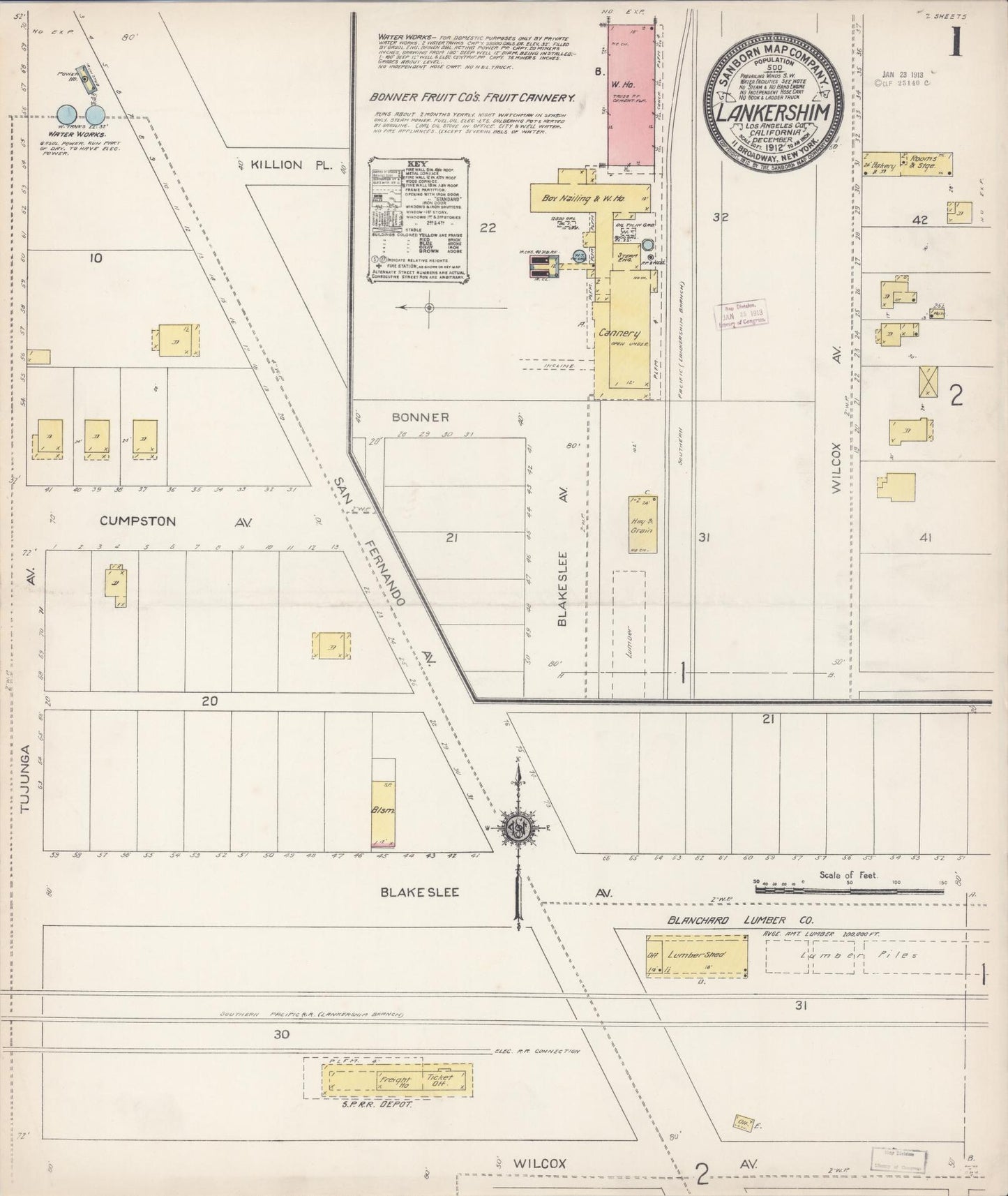 Sanborn Fire Insurance Map from Lankershim, Los Angeles County, California (1912), Sheet #0001 - Historic Sanborn Fire Insurance Map Print, vintage old map wall art, antique decor, genealogy gift, California California map
