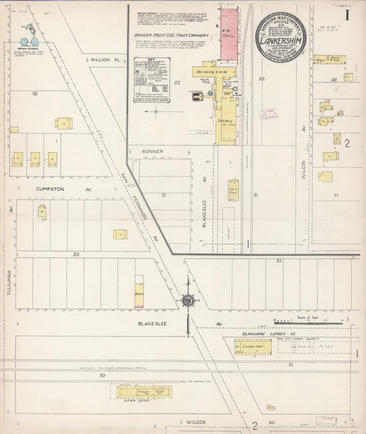 Sanborn Fire Insurance Map from Lankershim, Los Angeles County, California (1912), Sheet #0001 - Historic Sanborn Fire Insurance Map Print, vintage old map wall art, antique decor, genealogy gift, California California map