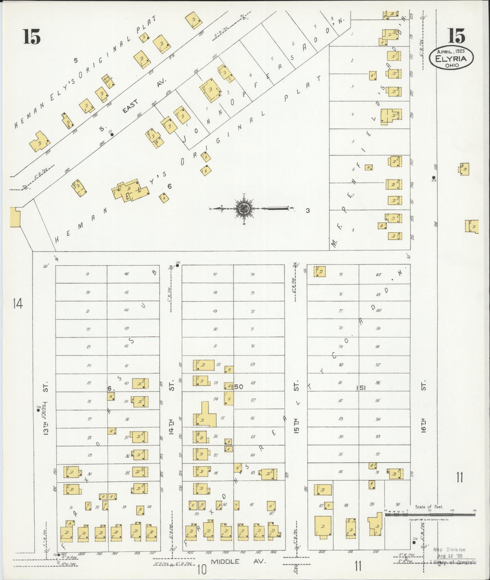 Sanborn Fire Insurance Map from Elyria, Lorain County, Ohio (1925), Sheet #0015 - Historic Sanborn Fire Insurance Map Print, vintage old map wall art, antique decor, genealogy gift, Ohio Ohio map