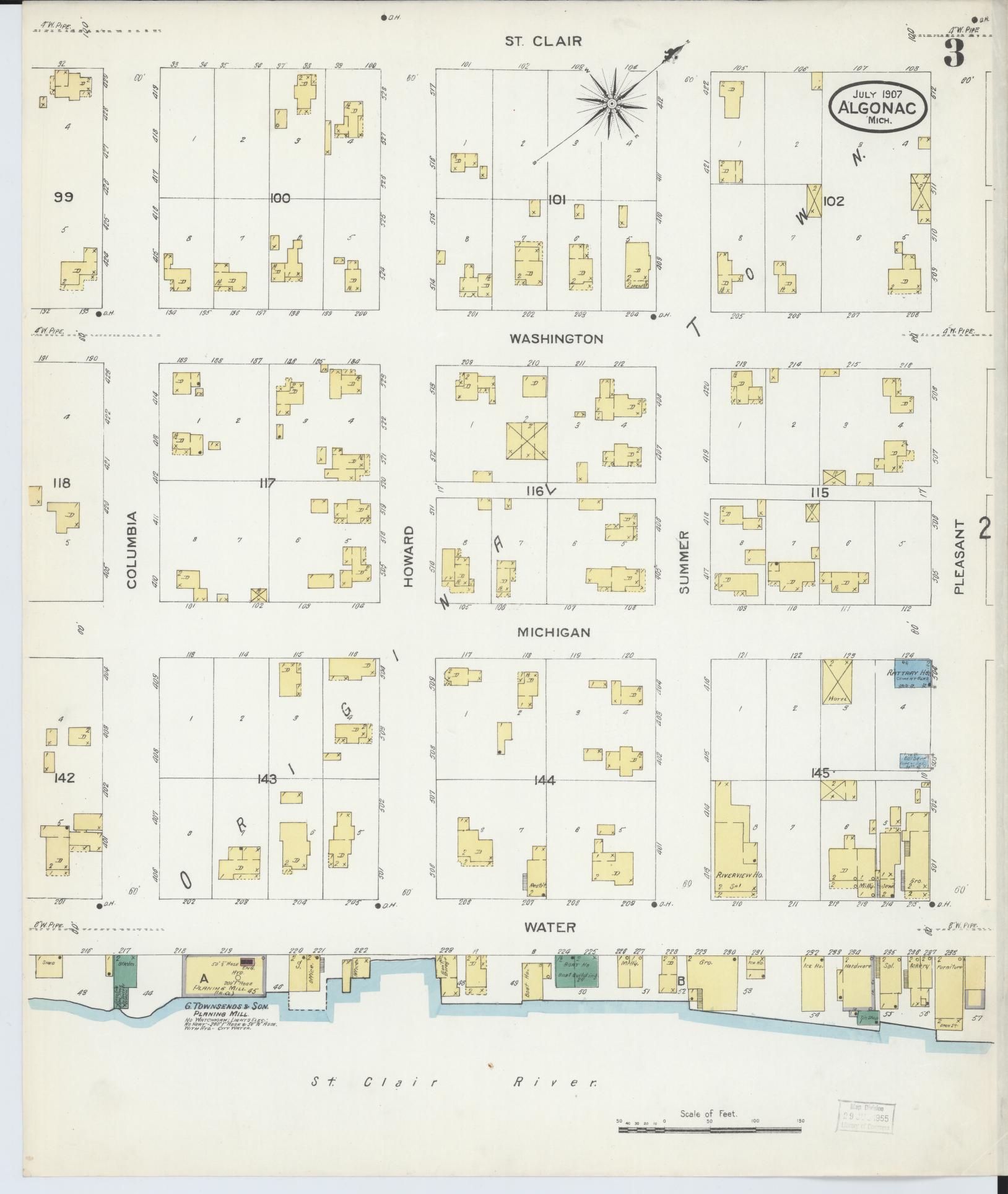 Sanborn Fire Insurance Map from Algonac, Saint Clair County, Michigan (1907), Sheet #0003 - Historic Sanborn Fire Insurance Map Print, vintage old map wall art, antique decor, genealogy gift, Michigan Michigan map